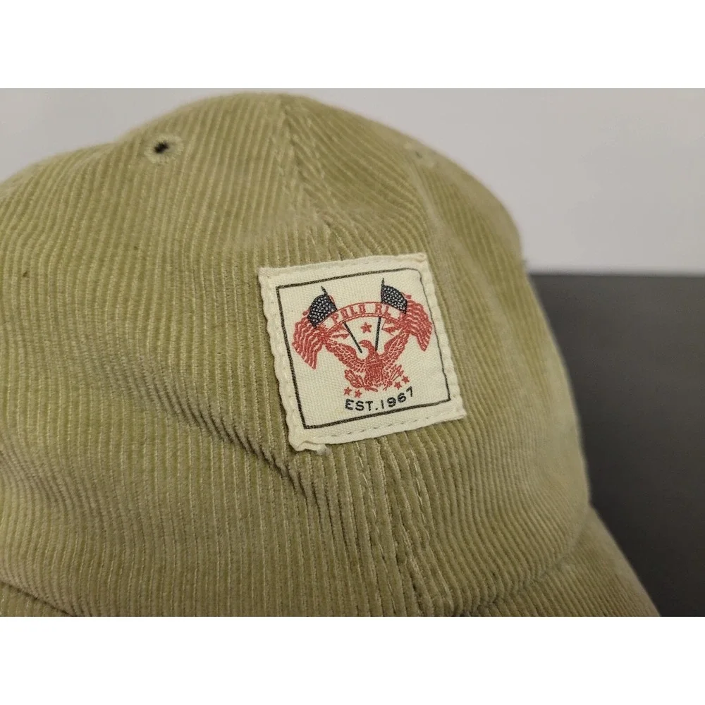 Polo Ralph‎ Lauren Hat Cap Mens Brown Corduroy Leather Strap Back Eagle Flags